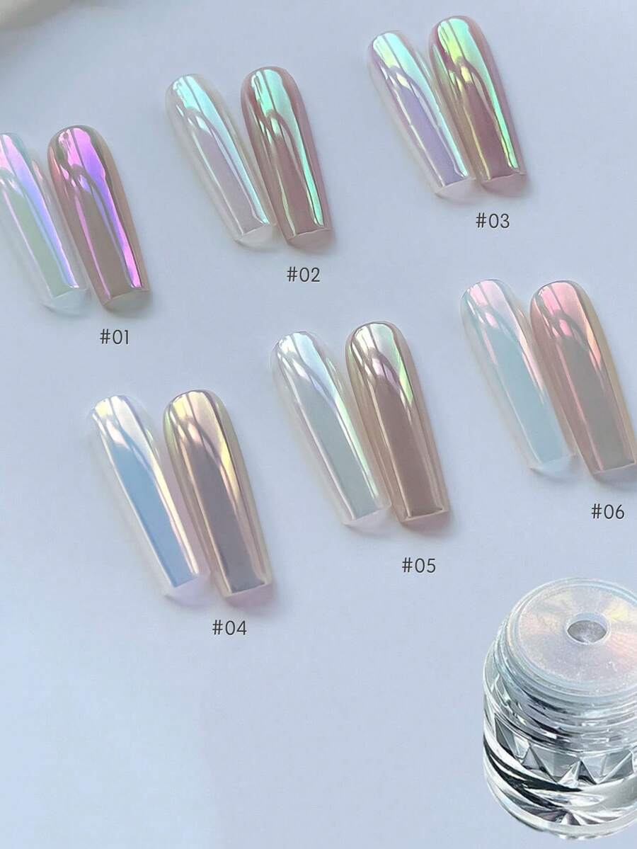 6pcs Rainbow Pearl, Aurora Blue, White And Purple Glitter, Mermaid Effect Nail Art Decorations - 彩色 - 查看 1