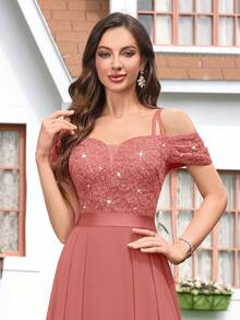 MIUSOL Sequin Floral Lace Off-Shoulder Sweetheart Neck Ruffle Hem Chiffon Formal Party Maxi Dress - Dusty Pink - View 8