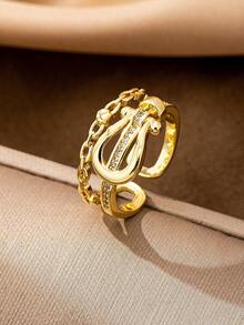 1 Pc Gold-Tone Luxurious Zirconia Ring, Sparkle Crystal Rings Set For Women Everyday Wear, Stackable Minimalist Adjustable Size Ring With 18K Gold Plating