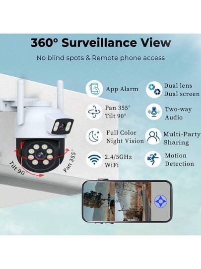 2.4G/5G WiFi Dual Lens Outdoor Surveillance Camera, High Definition Intelligent Monitoring Display Of Static Moving Images, PTZ Featuring Night Vision Function, Motion Detection, 355° Pan Tilt Rotation 90° Elevation Vision, Two Way Audio, Alert, Application Control, CCTV Camera Connected To Mobile Phone, Wand Mounted Security Indoor view 10