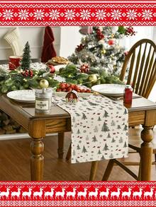 Christmas Pine Tree Table Runner - Polyester Woven Rectangular Table Decor With Holly Berries And Merry Christmas Greeting For Home And Party Seasonal Kitchen Dining Decoration