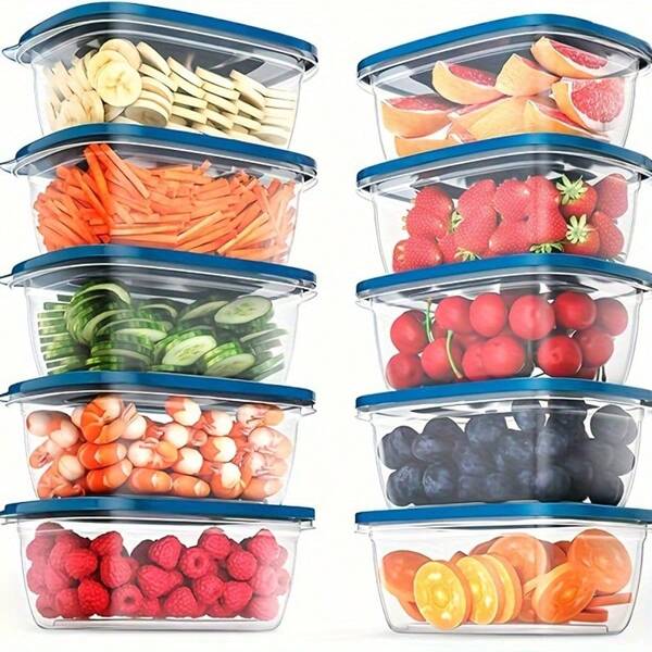 15pcs Transparent Plastic Food Storage Containers With Blue Lids - Stackable, Reusable, Ideal For Kitchen Organisation - Suitable For Grains, Meat, Fruit, And Vegetables - Dishwasher And Microwave