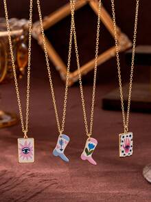 1件时尚复古棕榈眼太阳眼粉色靴子滴油项链，18k电镀金，展现女性独特魅力，适合女士日常休闲、社交宴会着装、音乐节，可作为护身符佩戴，女士配饰项链，女士珠宝项链。可作为礼物送给母亲、妻子和女朋友。