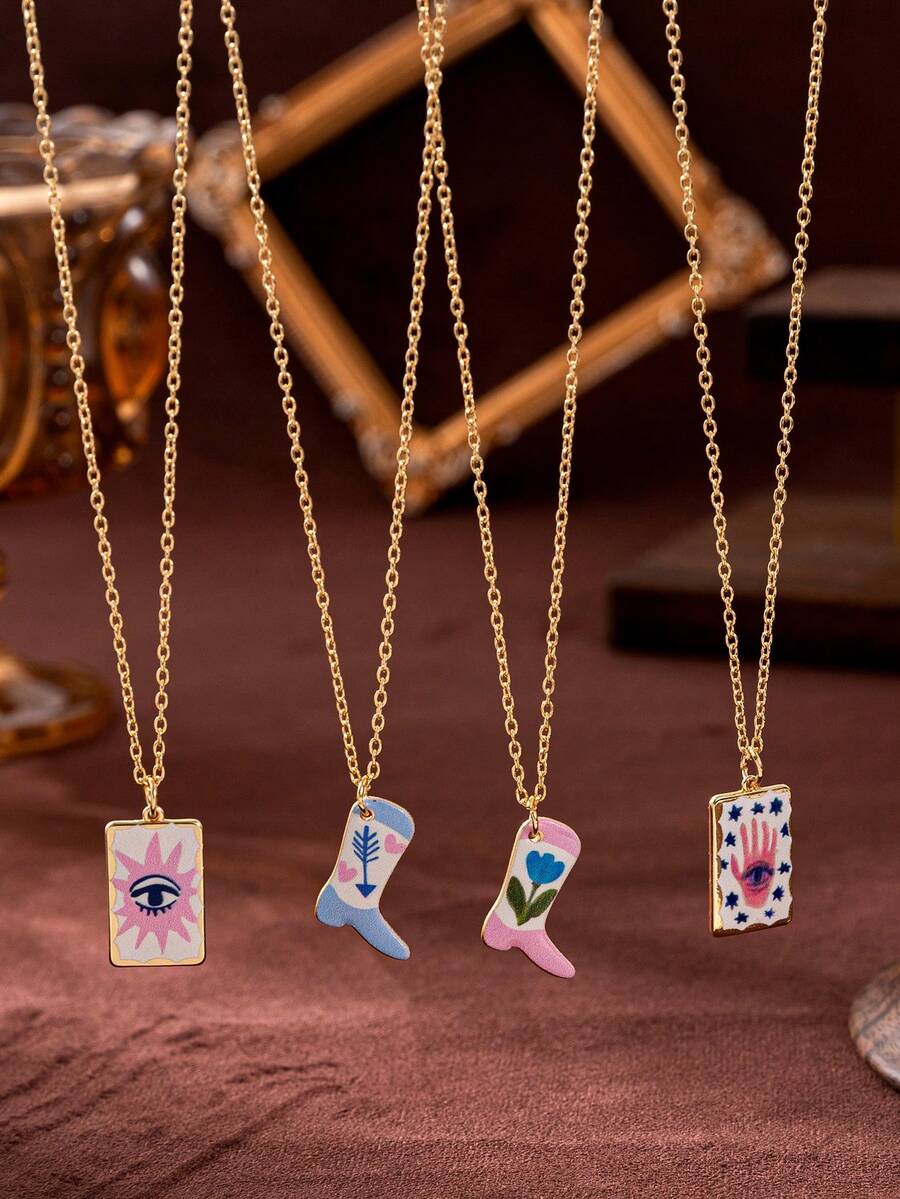 1件时尚复古棕榈眼太阳眼粉色靴子滴油项链，18k电镀金，展现女性独特魅力，适合女士日常休闲、社交宴会着装、音乐节，可作为护身符佩戴，女士配饰项链，女士珠宝项链。可作为礼物送给母亲、妻子和女朋友。