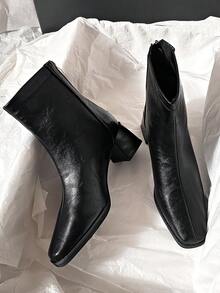 Fall/Winter Stretchy Ankle Boots, New Commuter Style Leather Square Toe Chunky Heel Back Zipper Skinny Boots,Elegant - Black - View 4