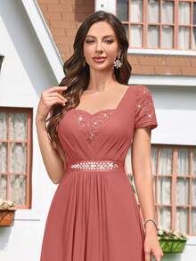 MIUSOL Đầm chiffon đính sequin, ren hoa, phối màu tương phản, cổ tim, thắt eo, viền bèo nhún, thích hợp làm đầm phù dâu, đầm dạ hội, đầm dự tiệc cưới mùa xuân. - Bụi hồng - Xem 3