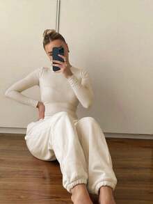 2pcs Casual Solid Color Co-Ord Sets For Women, Autumn Drawstring Tracksuit, Comfortable Sporty Homewear, Fitted & Cute - Aprikot - View 7