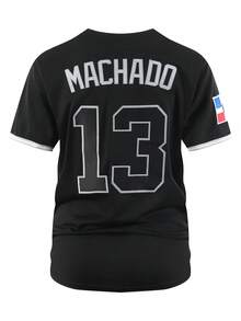 Men's 13 Black Baseball Jersey Casual Short Sleeved Embroidered And Stitching V-Neck Button T-Shirt Party Sports Top - Black - View 2