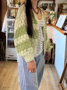 Women Chunky Cardigan Lantern Sleeve Open Front Sweaters Loose Cable Knit Oversized Cardigans Outwear Coats - Mint Green - View 4
