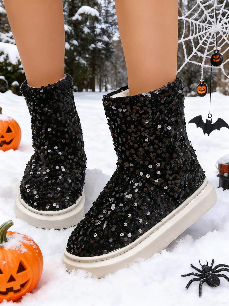 2025 New Women's Halloween Thick-Soled Snow Boots, Fashionable High Heel Furry Shoes, Winter Indoor Home Non-Slip Warm Shoes, Comfortable Soft-Soled Lightweight Slippers, Furry Ankle Boots For Autumn/Winter Indoor Wear - Black Background With Black and Silver Sequins - View 1
