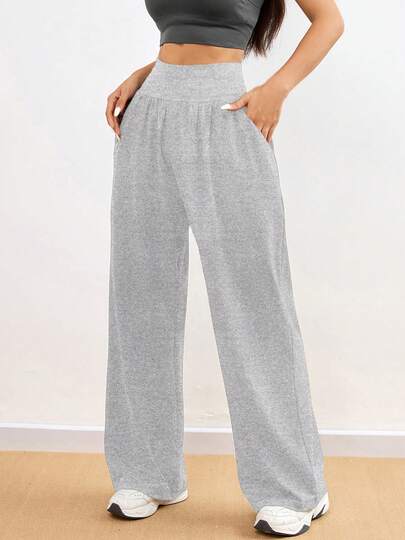 1条女士弹力腰带休闲阔腿裤，带侧袋，舒适显瘦，适合瑜伽、健身、户外活动和日常穿着，春季紧身裤。