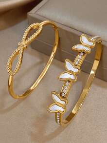 Juego de pulsera de acero inoxidable chapada en oro de 18K con elegante diseño de mariposa y lazo de circonita, joyería romántica y eterna como regalo para mamá en Navidad, Acción de Gracias, Halloween, boda, fiesta, uso diario, aniversario, San Valentín, cumpleaños, dama de honor