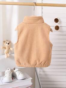 1pc Spring/Autumn New Baby Girls Crew Neck Sleeveless Jacket, Toddler Girls Beige Bear Print Vest, Fashionable Soft & Warm Casual Outerwear For Infant Daily Wear