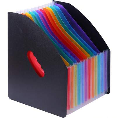 13 Pockets Expanding Accordion File Organizer, 10" X 12", Expandable A4/Letter Size Folder, Standing Document Storage Organizer For Desktop (Black / Blue / Pink Cover And Rainbow Pockets, 13 Pockets)