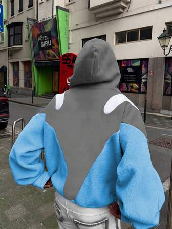 Men's Zip-Up Sherpa Patchwork Contrast Color Casual Hooded Jacket, Spring/Autumn