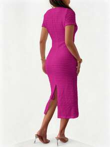 Vestido de unicolor de manga corta para damas, con diseño elegante, con cremallera, hebilla falsa, abertura para citas al aire libre, ir al trabajo, festivales de música, Navidad, Día de la Madre - Rosa Fucsia - Ver 11