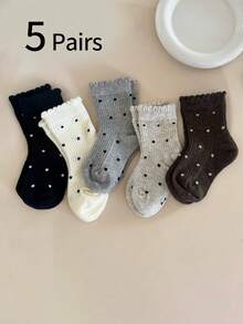 5 双女童袜子，适合春秋季的中筒袜，可爱的波尔卡圆点荷叶边袜子，适合女学生的中筒袜，甜美蕾丝袜，小女孩公主袜，舒适透气，适合休闲鞋 - 彩色 - 查看 1