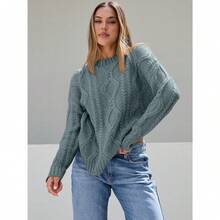 2025  Women's Oversized Cable Knit Crewneck Sweaters - 黑暗賢者 - 查看 2