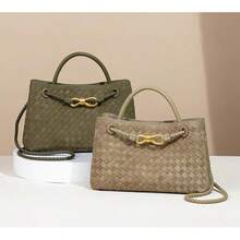 Suede Woven Tote Bag For Women Retro Woven Bag Handbag Bow Shoulder Satchel Suede Crossbody Purse Handle Tote Handbags2025 - 灰色 - 查看 4