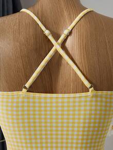 Bellisia Conjunto de 3 peças de camisola estampada xadrez feminina, top tankini e saia fofa para resort de férias