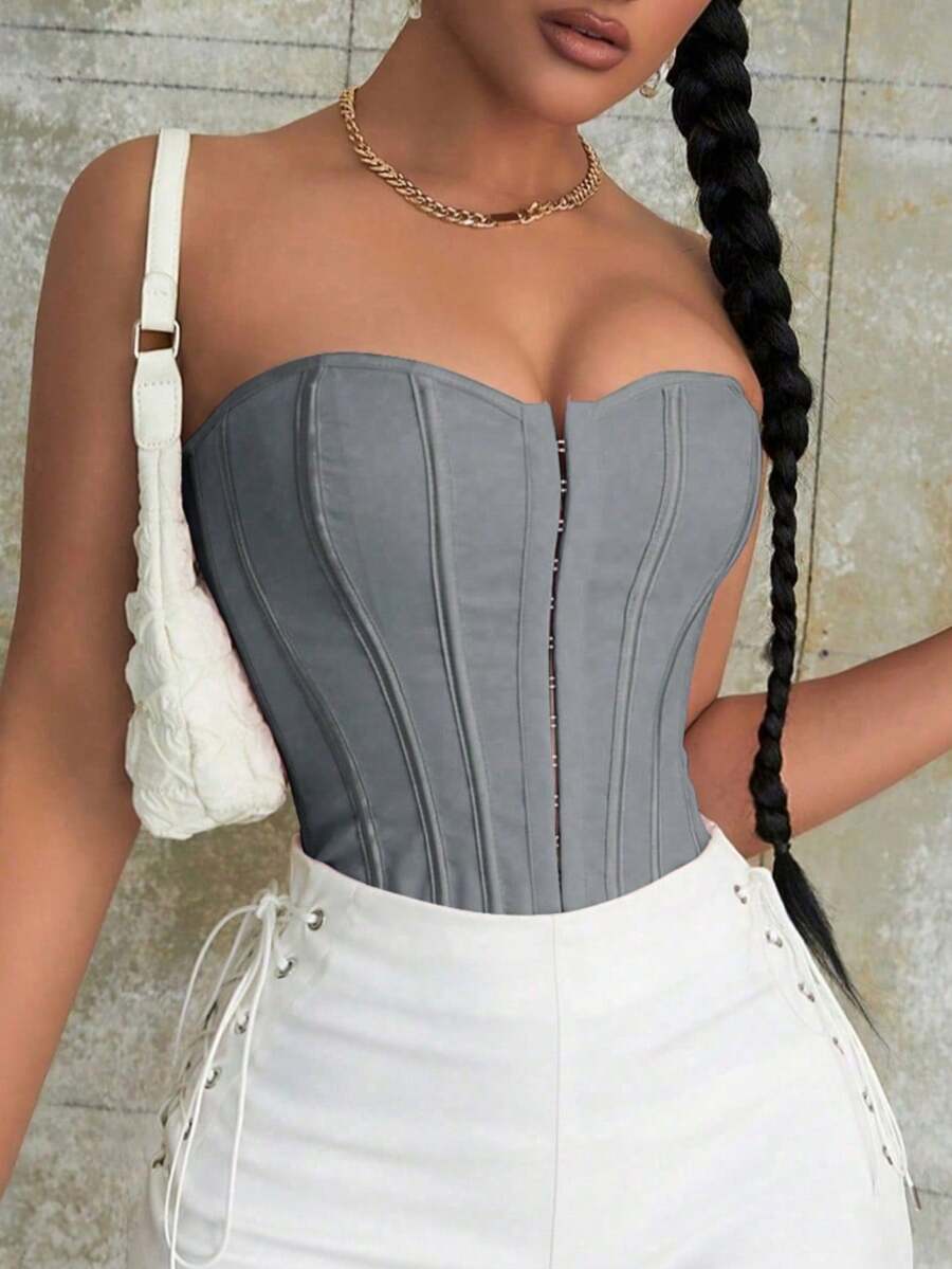 Apperloth A Corset de busto alto con huesos, estilo vintage, con cierre frontal de gancho y ojo, cordones en la espalda, sin espalda, moldeador corporal, top tubo recortado