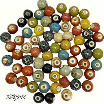 景德镇陶瓷珠，50 颗/包，复古风格 8 毫米彩色花朵釉圆形散珠，适合 DIY 和手串，随机混合，孔：2.5 毫米