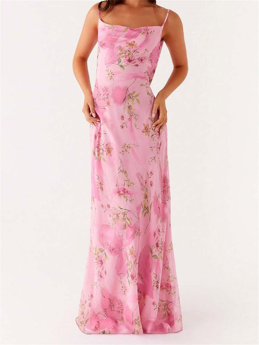 Women's Beach Vacation Maxi Dress Loose Dress Elegant Floral Print Spaghetti Strap Dress Suspender Dress - 粉色 - 查看 1