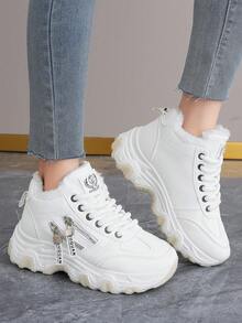 Women's Thick Sole Casual Shoes, Solid Color Simple Design, Round Toe, Warm Lining, Winter Sports Sneakers - White - View 3