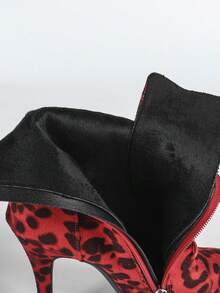 Women's Fashion Pointed Toe High Heel Boots, Slim High Heel Mid-Calf Boots With Side Zipper, Lace-Up Boots In Leopard Velvet With Super Soft Lining, 1 Solid Color Elegant Lace-Up Ankle Boots And Mid-Calf Boots For Wedding Party Outdoor Autumn/Winter - Leopard Red - View 7