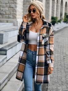 Women's Button Down Flannel Shirts Long Sleeve Plaid Shackets Business Casual Blouse Top Spring/Autumn Thickened Mid-Length Shirt Dress Fall Clothes - Mocha Brown - View 3
