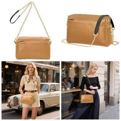 - Bolso cruzado para mujer, correa de cadena para telfono celular, piel sinttica, color bronce