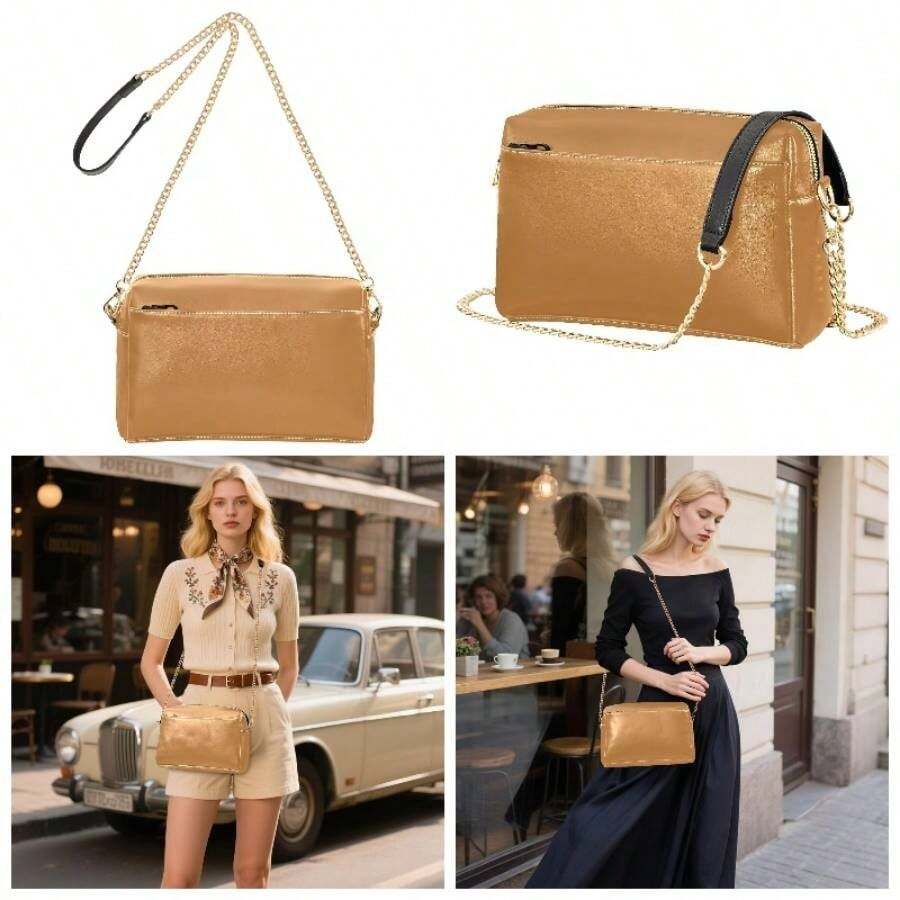 - Bolso cruzado para mujer, correa de cadena para telfono celular, piel sinttica, color bronce - inicial - Ver 1