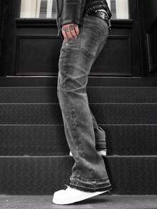 Jeans acampanados, jeans de mezclilla elástica, jeans pitillo, jeans de mezclilla desgastada y lavada, producto de algodón versátil y de moda, jeans de mezclilla lavada con bolsillos en diagonal - Gris - Ver 5