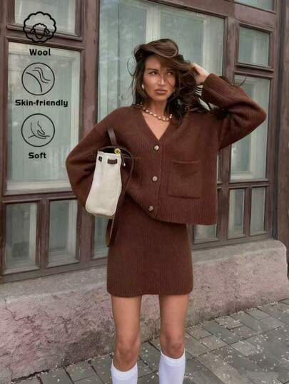 2025 Autumn/Winter New Casual Fashion Loose V-Neck Pocket Button Knit Two Pieces Set, Basic Tops, Fall Clothes, Homecoming, Back To School, Office Outfits For Women, Birthday Dresses For Women, Country Concert Outfit, 6% Wool, Modest Women, Party Women, Y2K Women, Tops For Going Out, Concert Women, Date Night Women