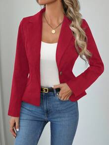 Chaqueta deportiva de mujer de unicolor y elegante, adecuada para ir al trabajo y para uso casual en otoño, conjunto de vestir casual de otoño para mujer, chaqueta de invierno para mujer - Rojo - Ver 1