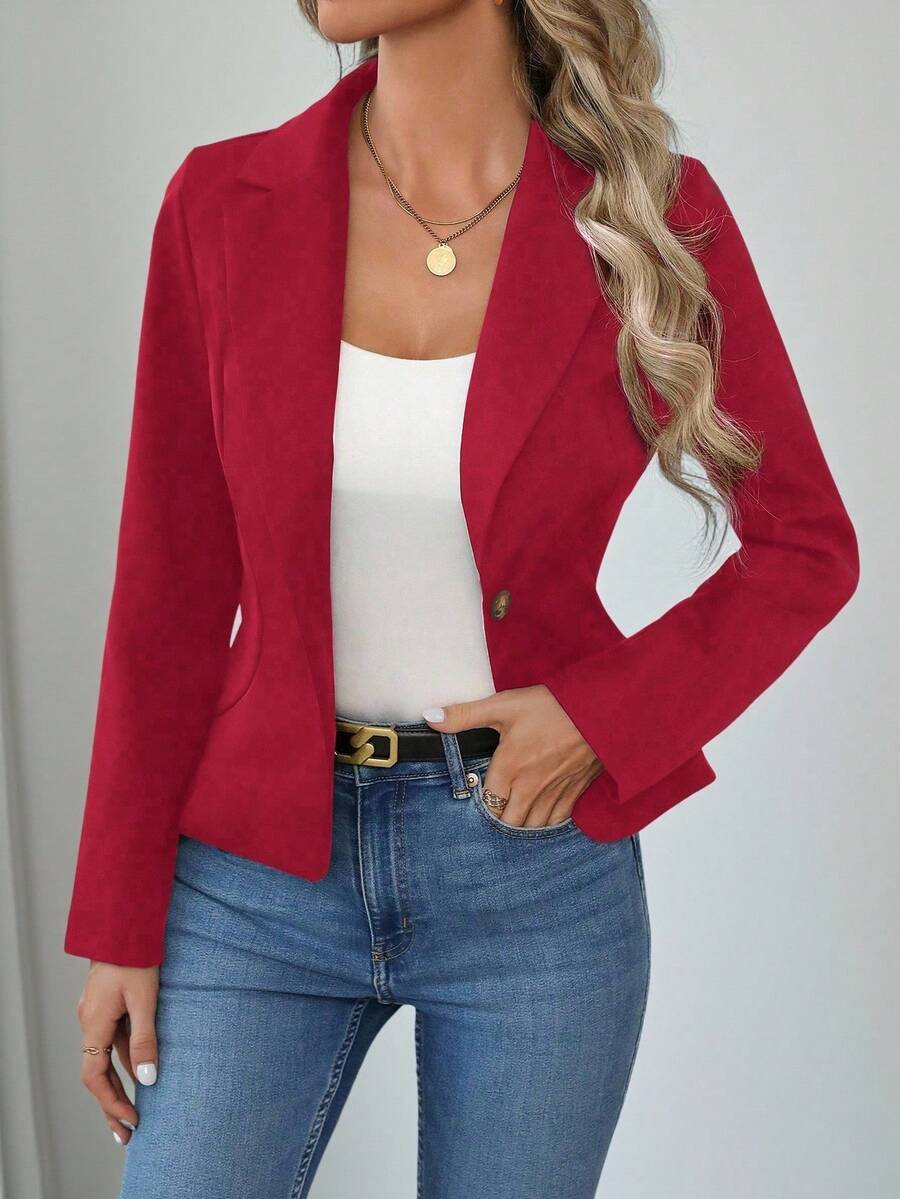 Chaqueta deportiva de mujer de unicolor y elegante, adecuada para ir al trabajo y para uso casual en otoño, conjunto de vestir casual de otoño para mujer, chaqueta de invierno para mujer - Rojo - Ver 1