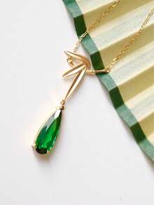 1 peça S925 Prata Esterlina Versátil Moderno Folha de Bambu Gota D'água Pedra Verde Pingente Colar, Vintage Elegante para Mulheres, Adequado para Uso Diário, Feriados, Festas, Joias Presente