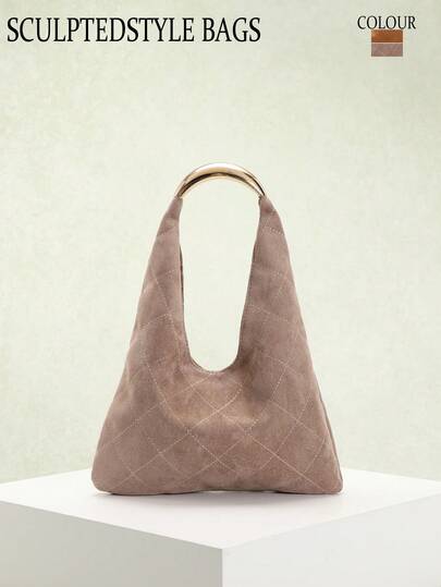 1 pieza Nuevo bolso de mano de otoño/invierno, diseño acolchado de color malva de alta gama, herrajes de media luna metálicos, bolso de tela suave, bolso casual y elegante para mujeres