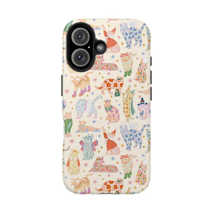 Aesthetic Cat Phone Case - Retro Kawaii Cats With Fun Outfits Vintage 70s Floral & Polka Dot Pattern Cute Animal Lover Gift Compatible With IPhone 17 Pro Max 16 Plus 15 14 13 12 11 Air - 混合色1 - 查看 1