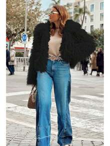 POMTIMCO damesmantel winterjas met revers faux fur voor pluizige korte jas voor dames lange mouwen oversized mantel outwear herfstkleding, roze, S