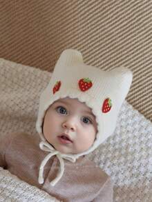 1pc Strawberry Knitted Ear Ion Hat For Toddlers, Infant Beanie, Warm Knitted Hat