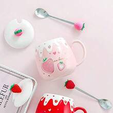 - Taza de caf de cermica de color rosa, taza de caf kawaii, taza de t de la maana, leche y fruta con tapa encantadora, cuchara de acero inoxidable, novedad creativa, cumpleaos, Navidad - B - Ver 4