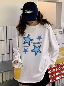 女款白色星星印花圆领长袖T恤，时尚独特初秋新款 - 白色 - 查看 3