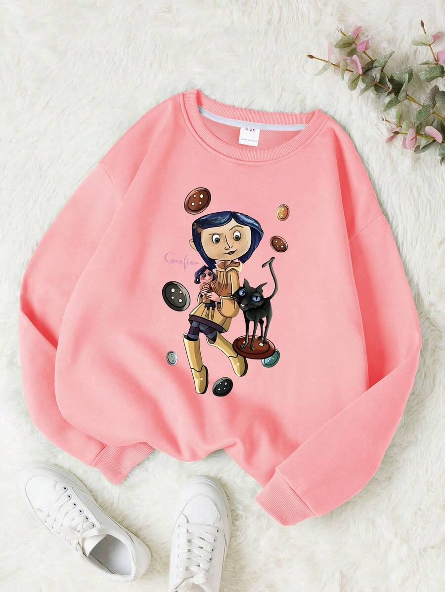Sudadera de cuello redondo con estampado de dibujos animados para niña preadolescente, moda casual y cómoda de otoño e invierno, linda - Rosa - Ver 1