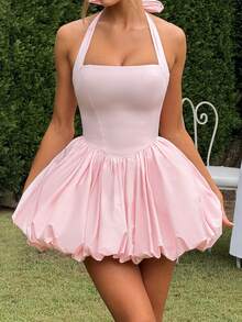 Women Sleeveless Halter Dress Summer Casual Tie Up Backless Corset Bubble Party Dress For Beach Club Streetwear - 粉色 - 查看 2