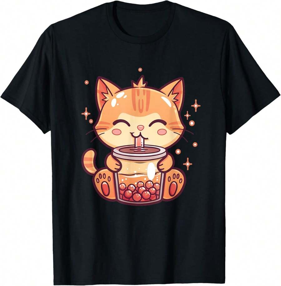 Cute Cat Boba Tea Bubble Tea Anime Kawaii Neko T-Shirt - Negro - Ver 1