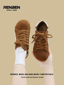 RENBEN 1 Paar Damen Retro Stil Schnürschu he, Beige & Farbblock, Neuheiten Herbst/Winter 2025, versteckter Keilabsatz, leichte weiche Sohle, sportliches Design, geeignet für Studenten und Rennen