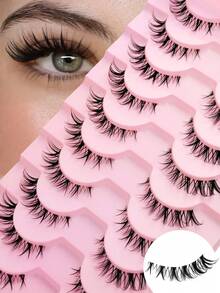Rikuaild 10 Pairs Natural Messy Cat Eye False Eyelashes, Transparent Band, Create Cat Eye Makeup Effect, Delicate & Soft, Extended Outer Corner, Whole Piece Style, Realistic False Lashes, Reusable, Lengthening Lashes, Makeup Essential - 俄羅斯條狀假睫毛 - 查看 1