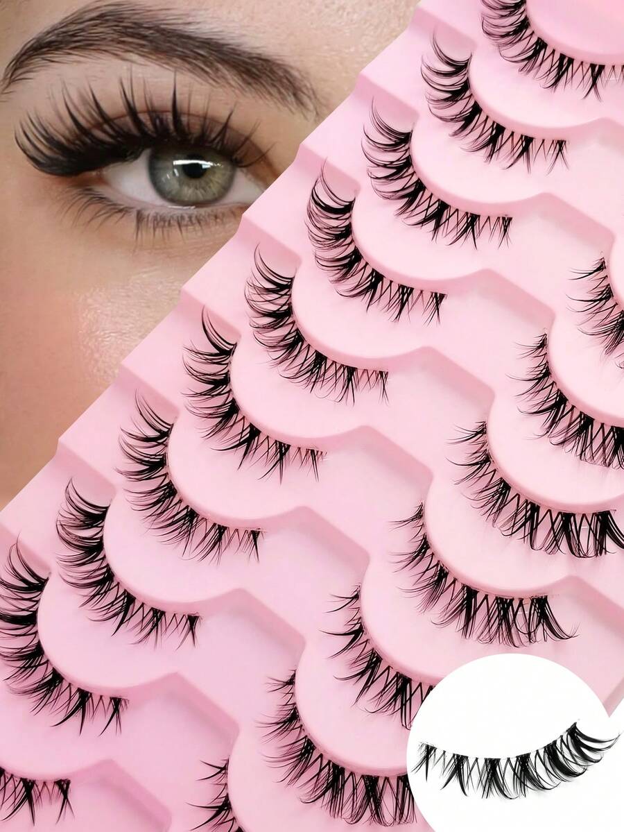 Rikuaild 10 Pairs Natural Messy Cat Eye False Eyelashes, Transparent Band, Create Cat Eye Makeup Effect, Delicate & Soft, Extended Outer Corner, Whole Piece Style, Realistic False Lashes, Reusable, Lengthening Lashes, Makeup Essential - 俄羅斯條狀假睫毛 - 查看 1