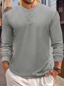 Mens Sweater Henley Shirts Long Sleeve Waffle Knit Button Casual Lightweight Tops Fall Clothes For Men - 灰色 - 查看 1